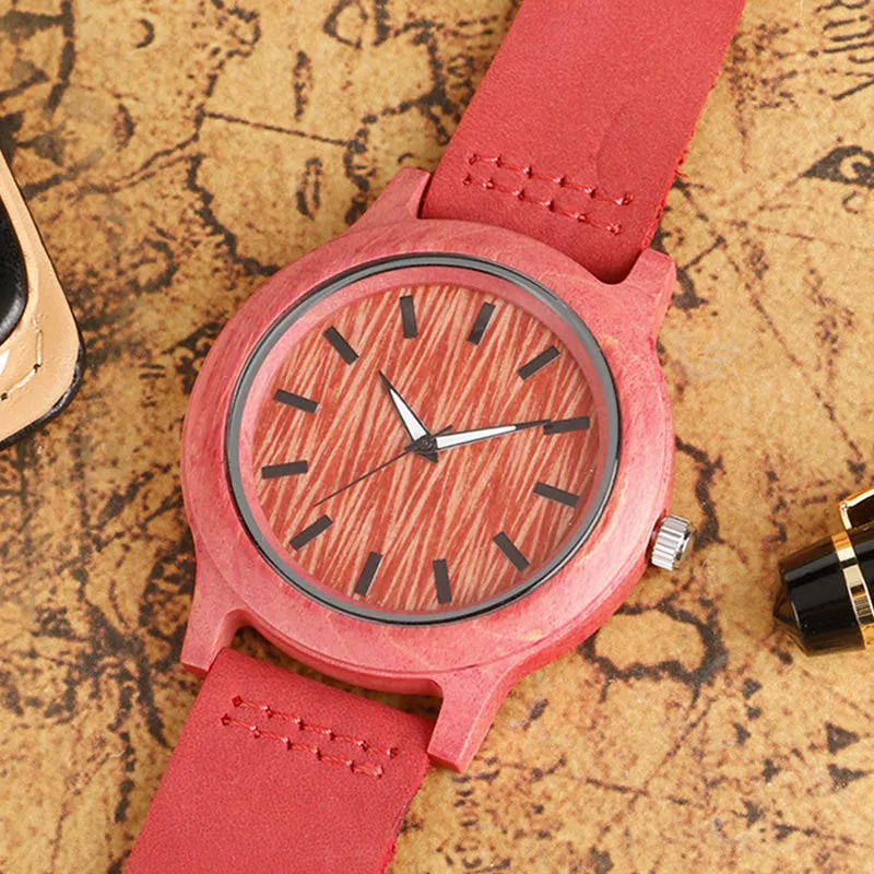 Pink Wooden Case and Leather Strap Watch