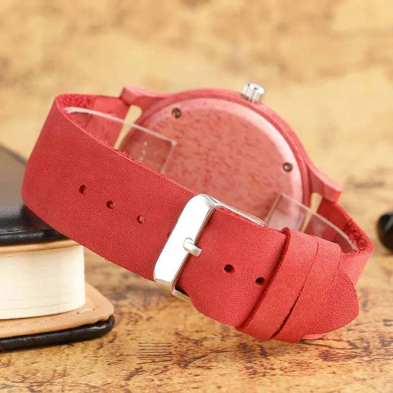 Pink Wooden Case and Leather Strap Watch