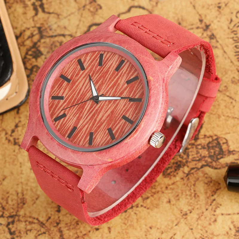 Pink Wooden Case and Leather Strap Watch