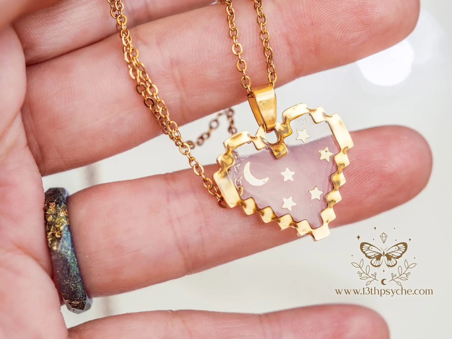 Pixel heart necklace, Moon and stars heart pendant necklace