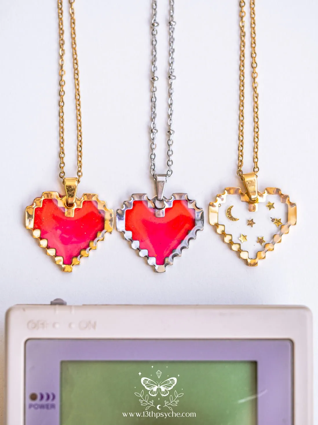 Pixel heart necklace, Moon and stars heart pendant necklace