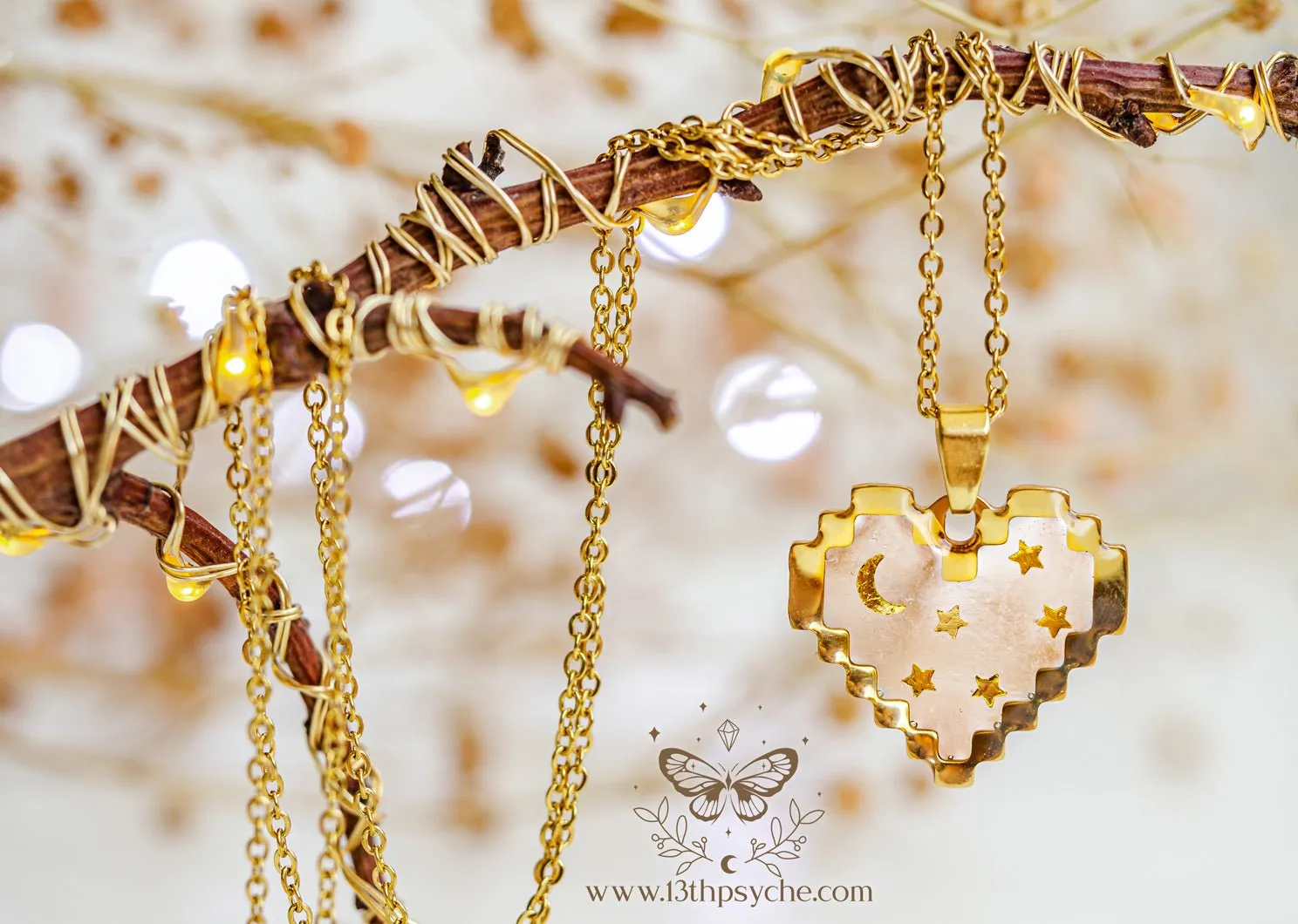 Pixel heart necklace, Moon and stars heart pendant necklace