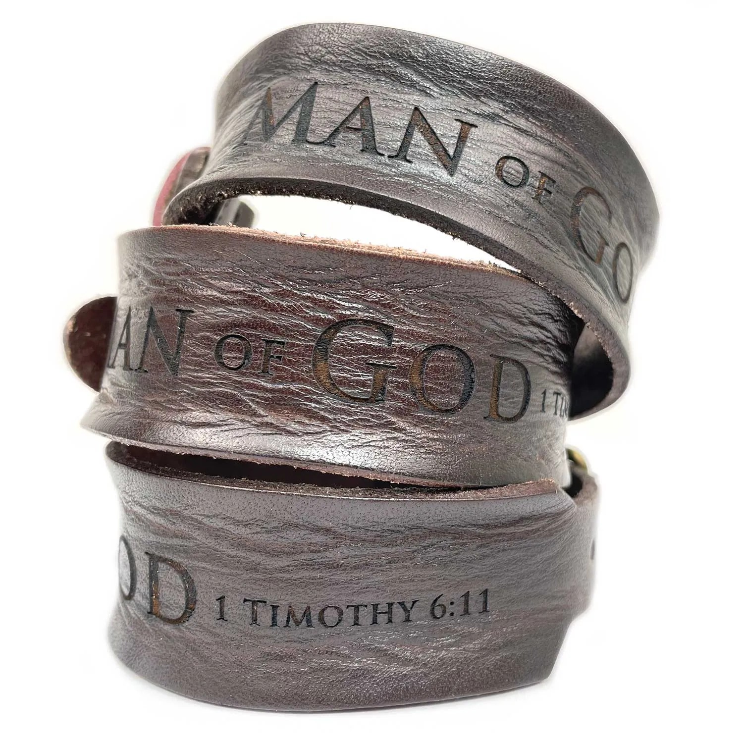 "Man of God" 1 Timothy 6:11 Laser-Engraved Brown Leather Scripture Bracelet with Watch Band Clasp