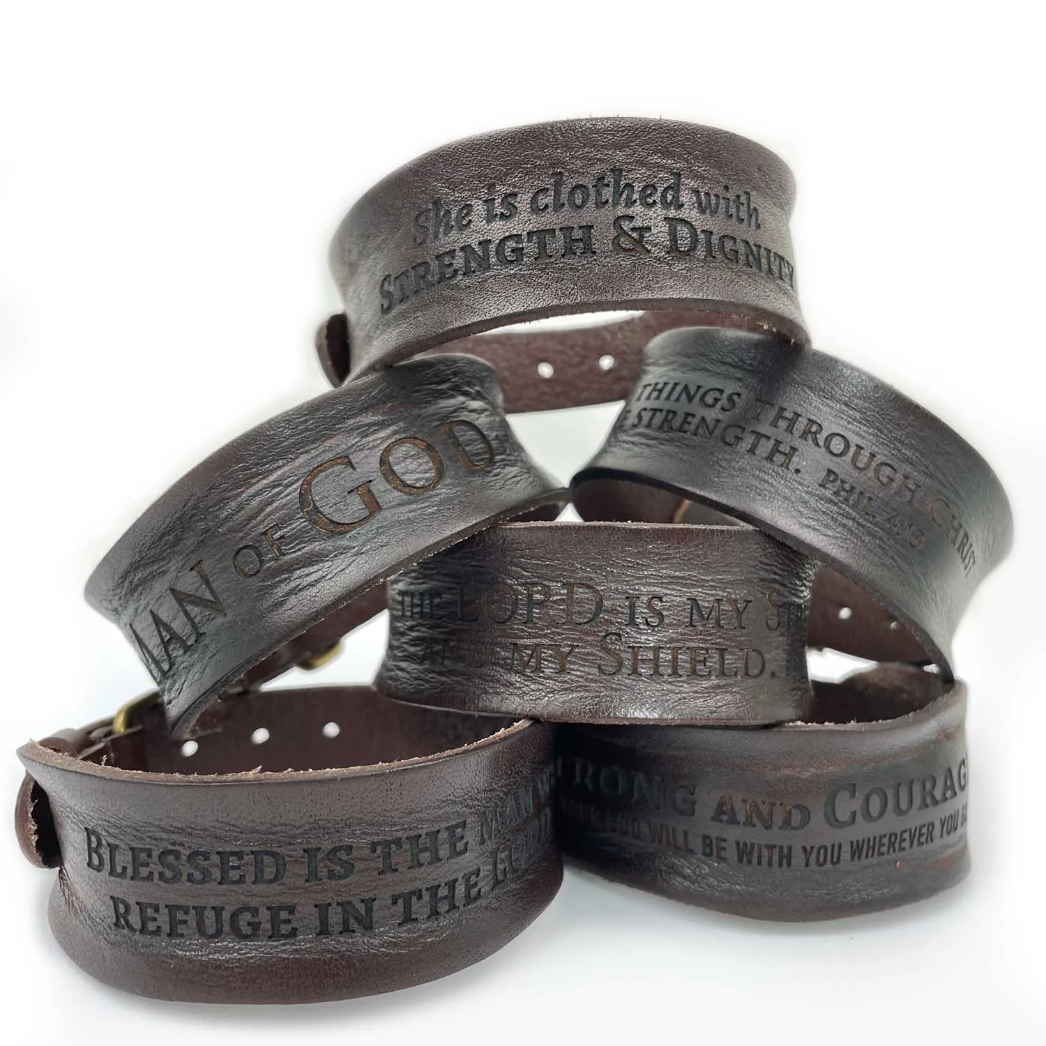 "Man of God" 1 Timothy 6:11 Laser-Engraved Brown Leather Scripture Bracelet with Watch Band Clasp