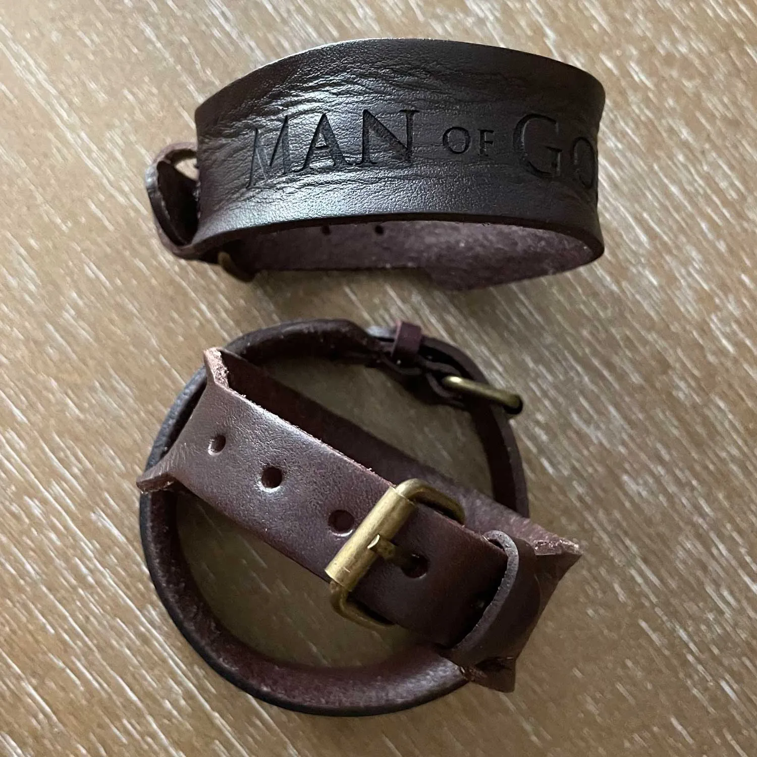 "Man of God" 1 Timothy 6:11 Laser-Engraved Brown Leather Scripture Bracelet with Watch Band Clasp