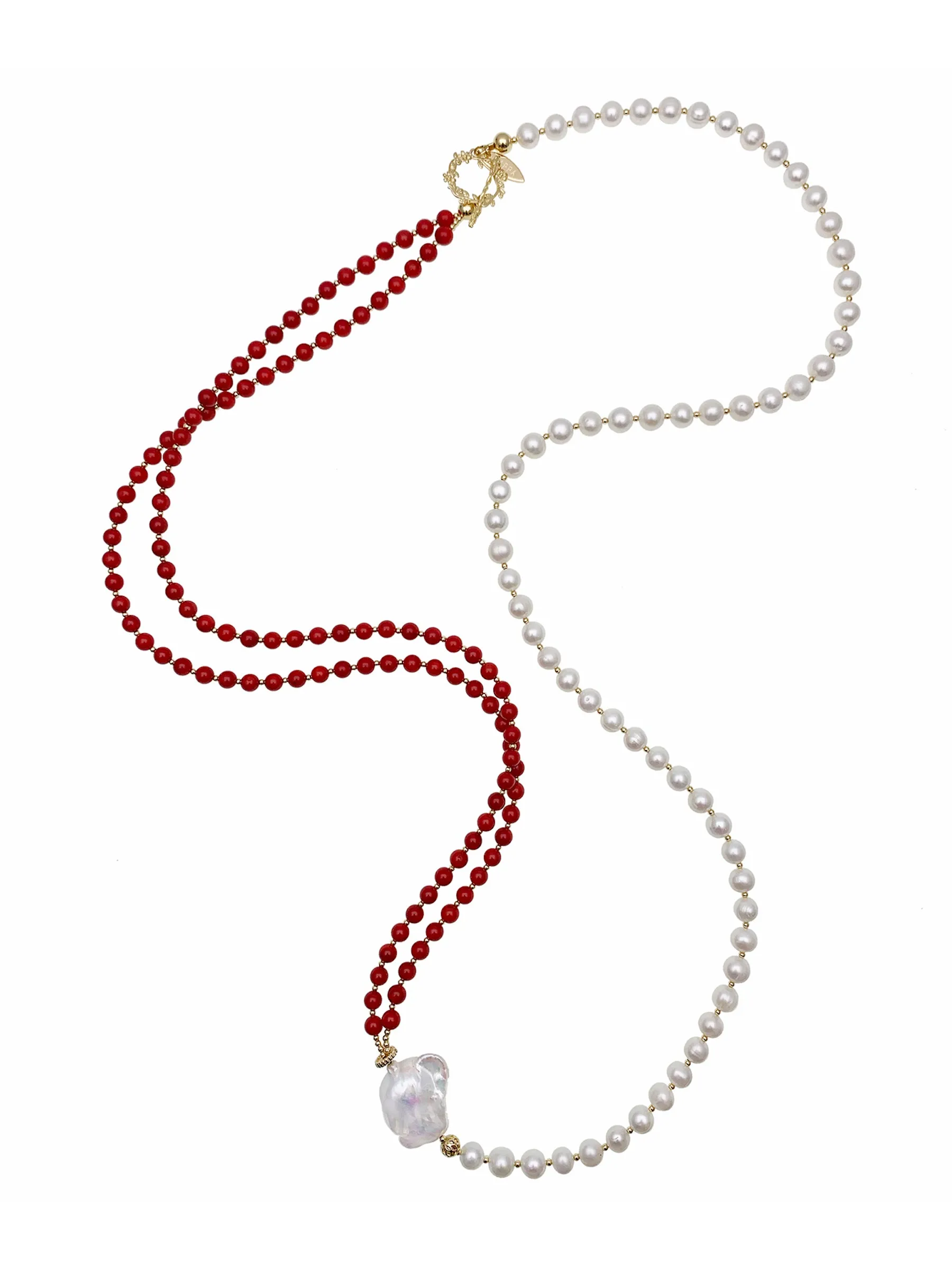 Red Coral & Freshwater Pearls Multi-Way Long Necklace EN038