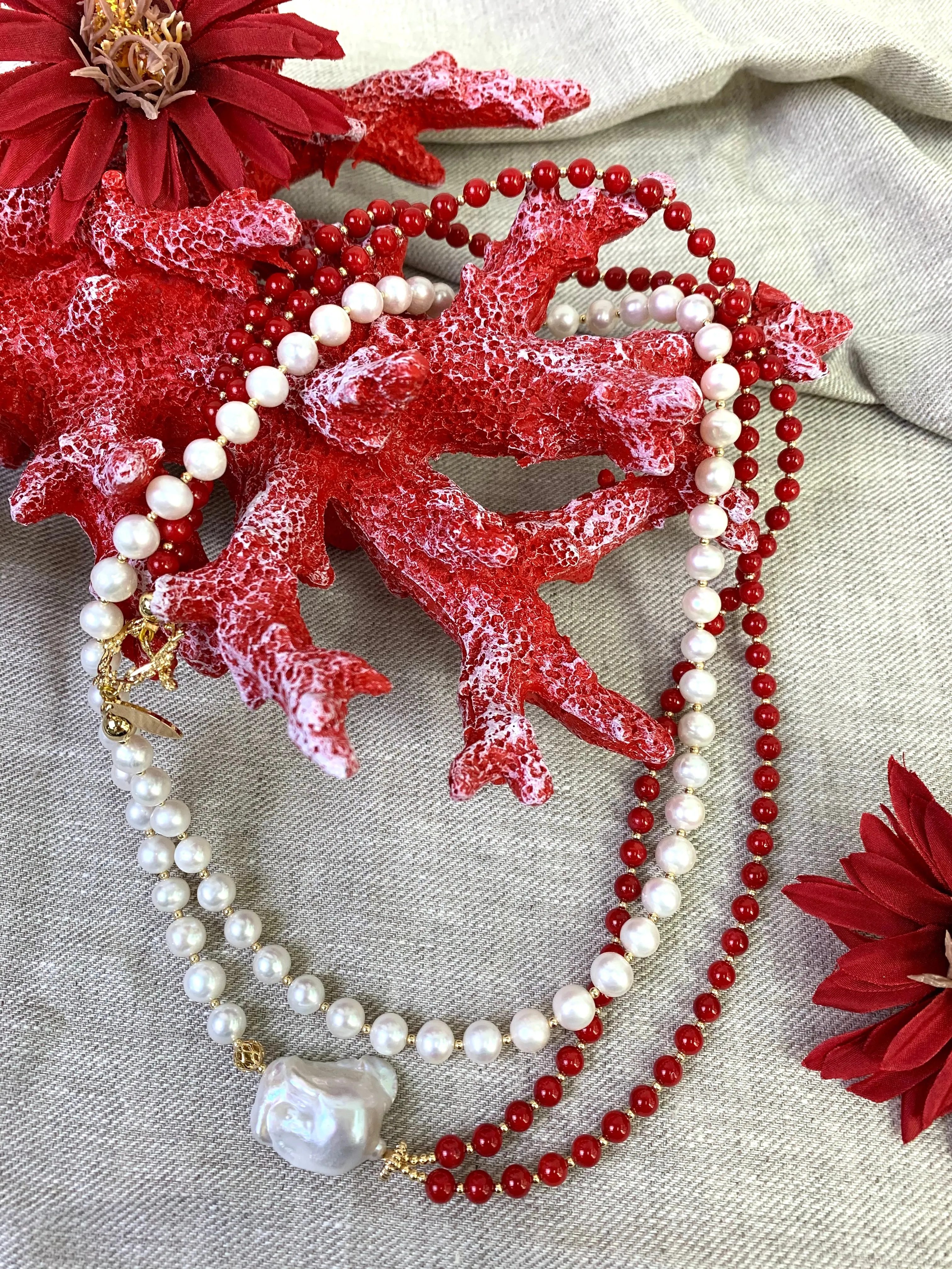 Red Coral & Freshwater Pearls Multi-Way Long Necklace EN038