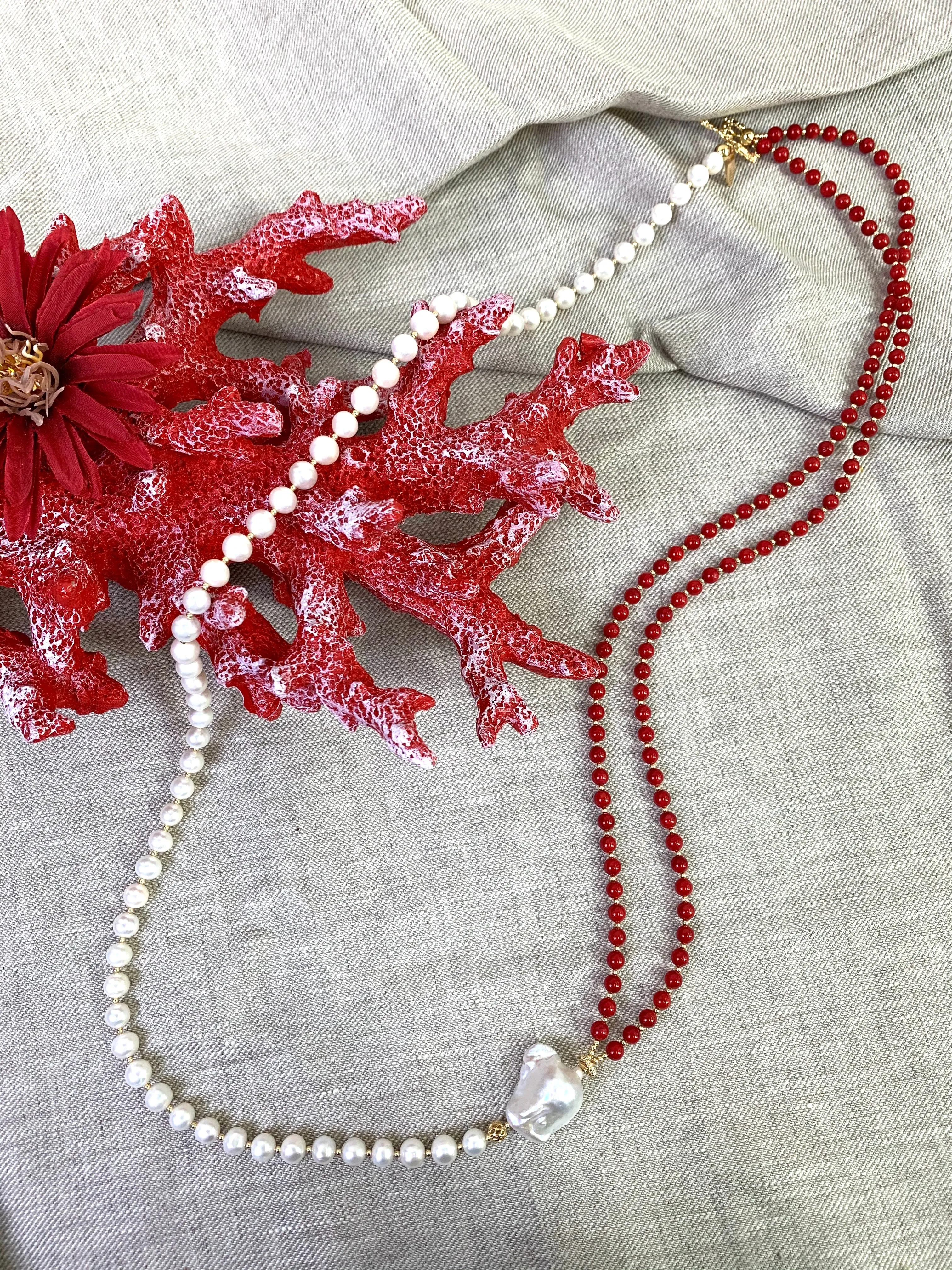 Red Coral & Freshwater Pearls Multi-Way Long Necklace EN038