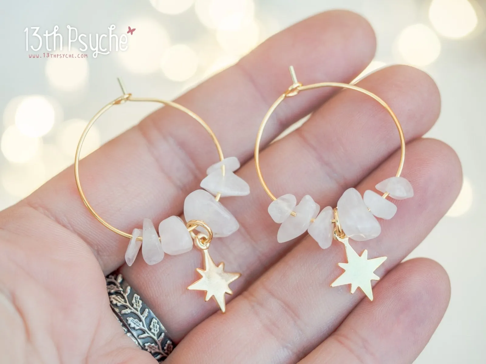 Rose quartz hoop earrings with moon or star charm