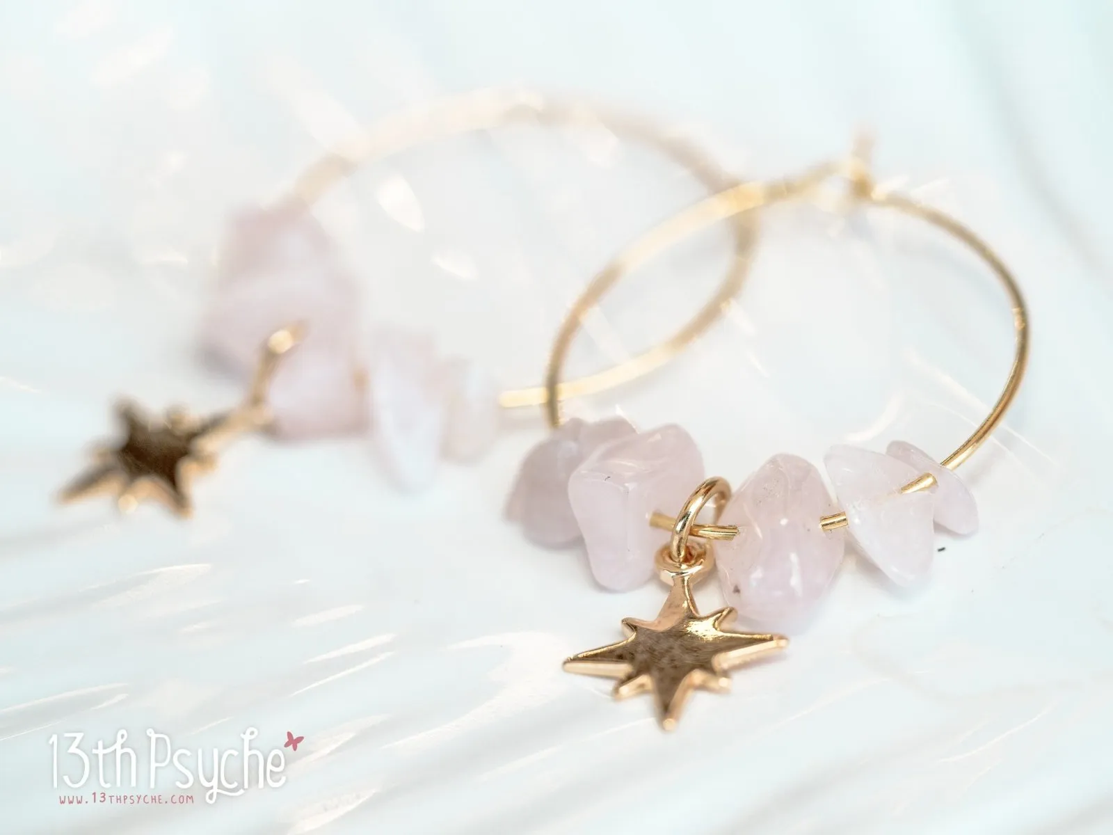 Rose quartz hoop earrings with moon or star charm