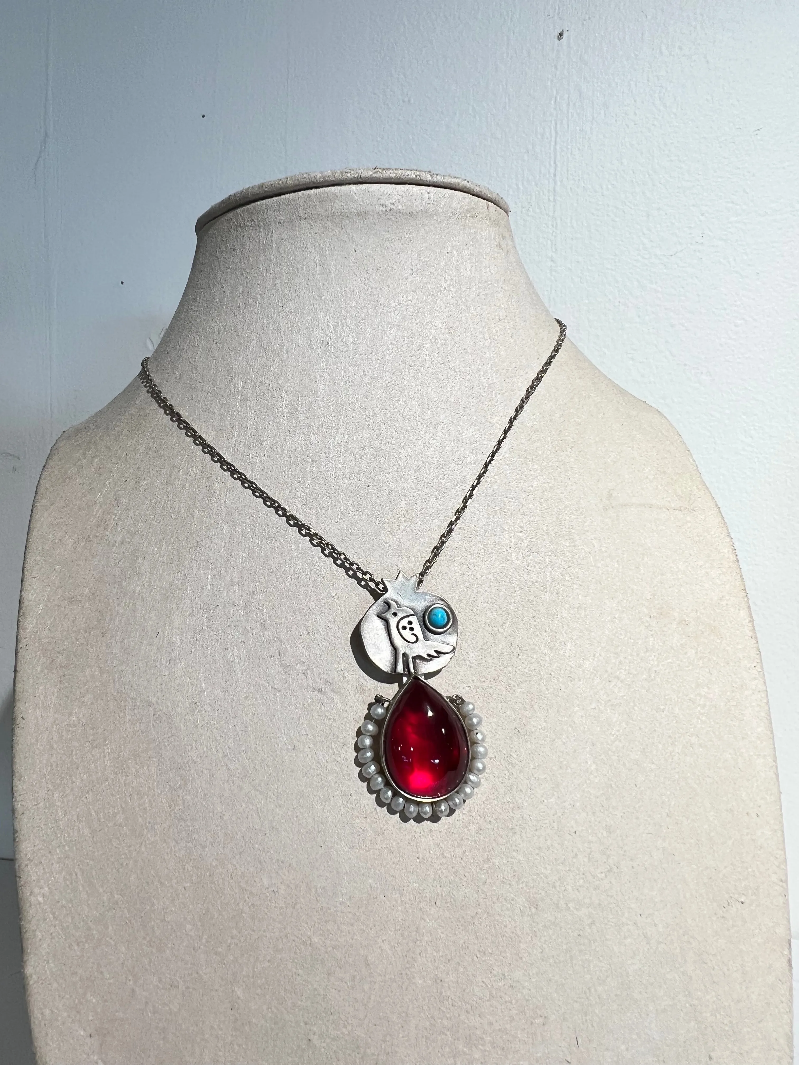 Silver Bird and Stone Necklace