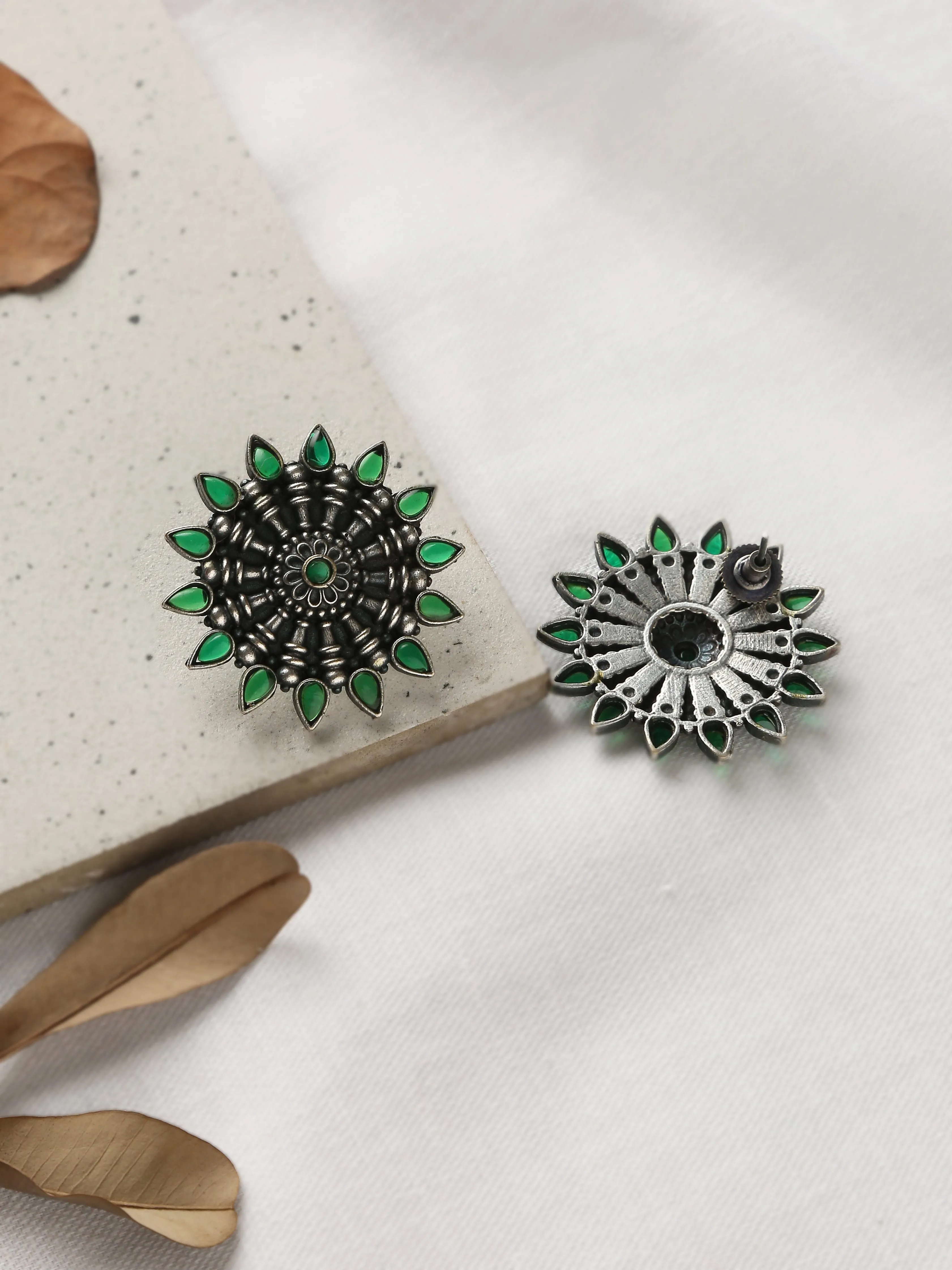 Silver-Plated Green Floral Stud Earrings