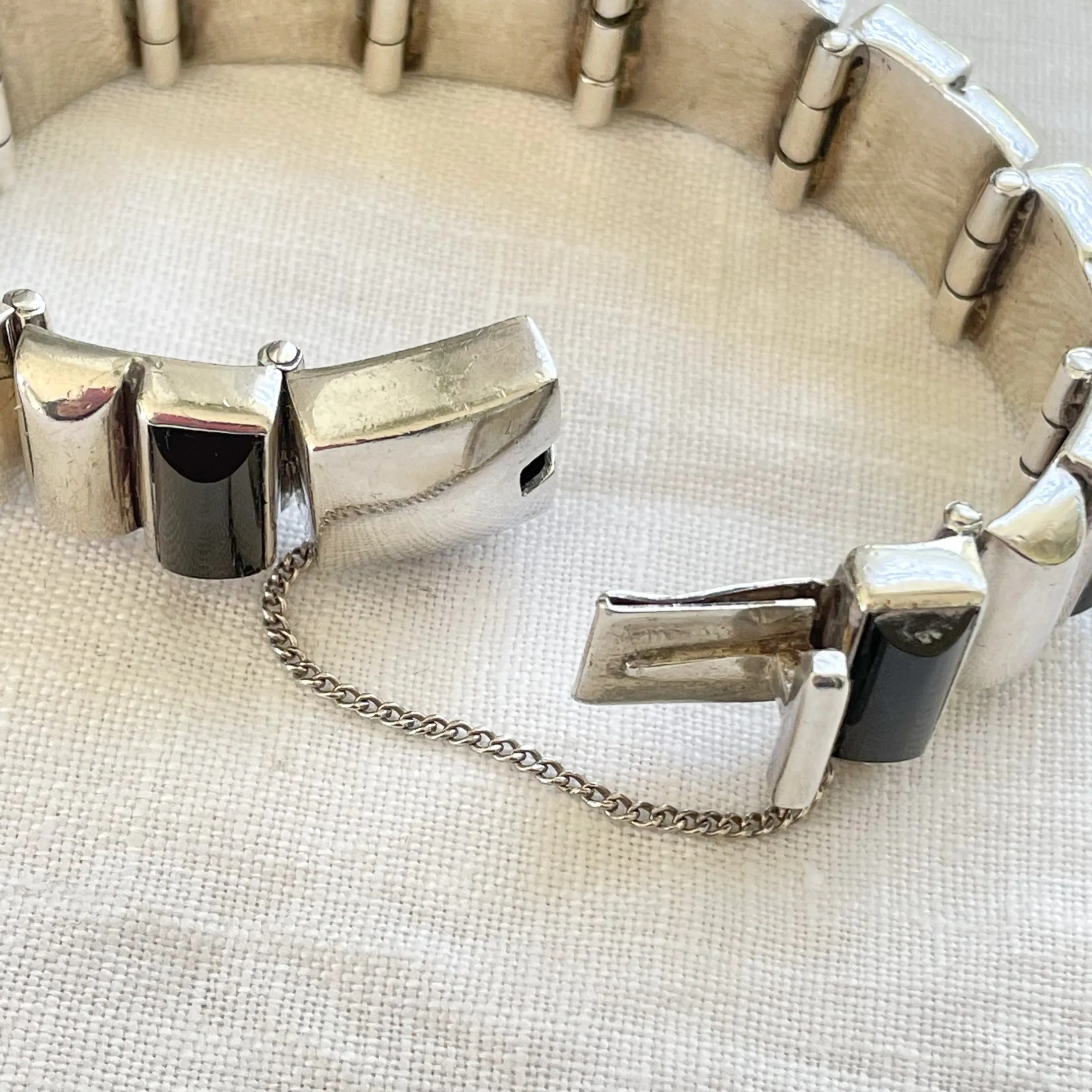 SOLD Vintage Antonio Pineda 970 Silver Onyx Modernist Bracelet 6 5/8"L