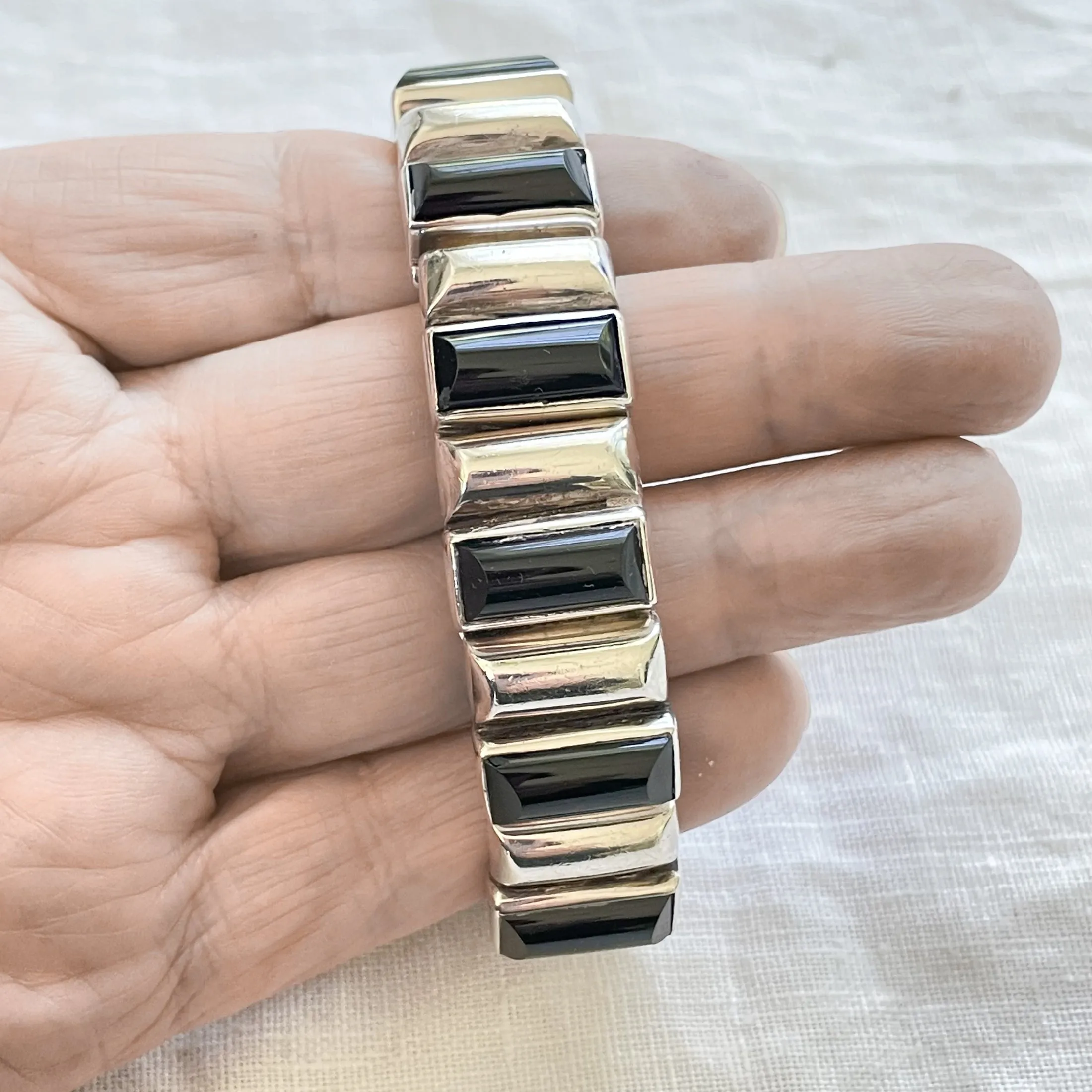 SOLD Vintage Antonio Pineda 970 Silver Onyx Modernist Bracelet 6 5/8"L