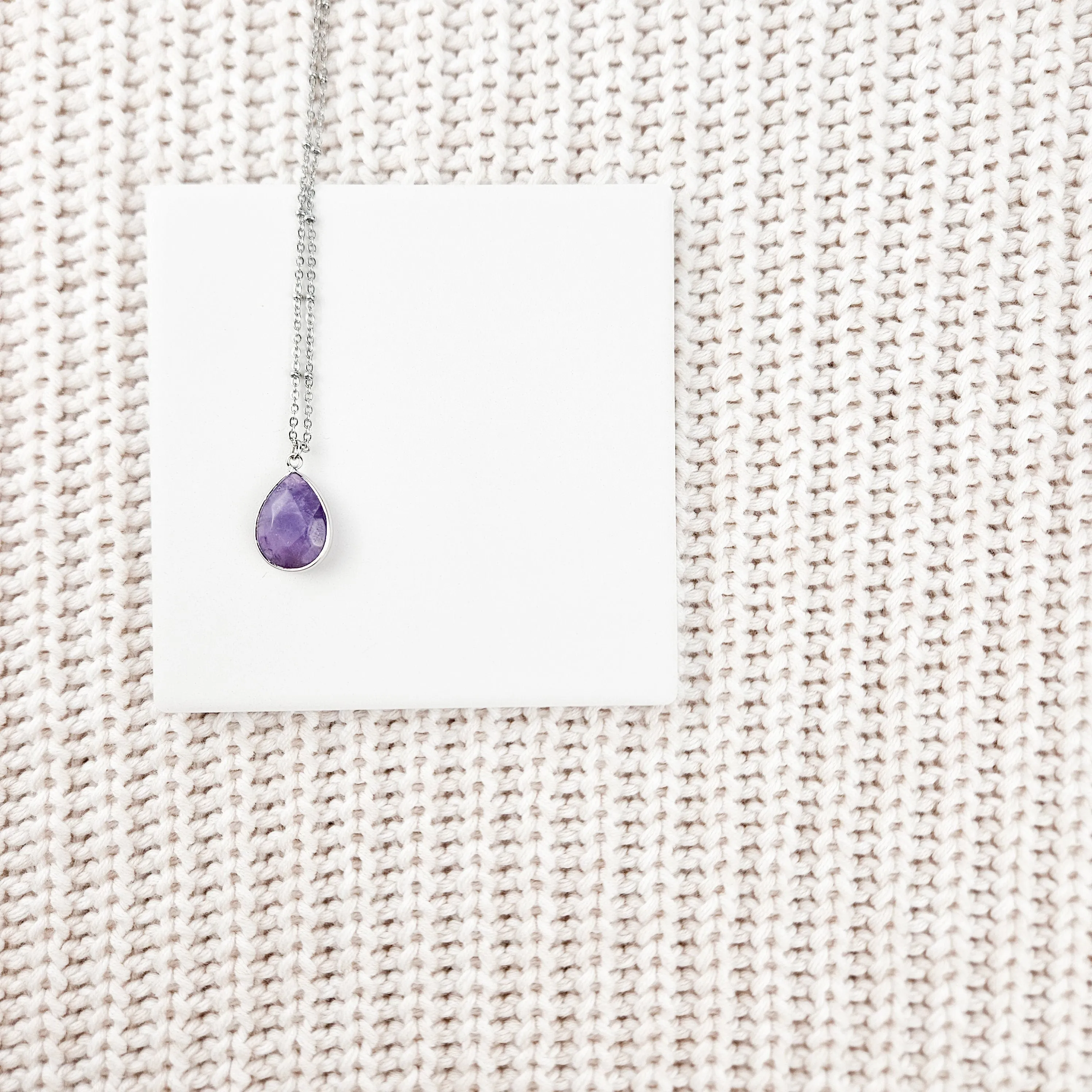 Teardrop Amethyst Crystal Silver Necklace