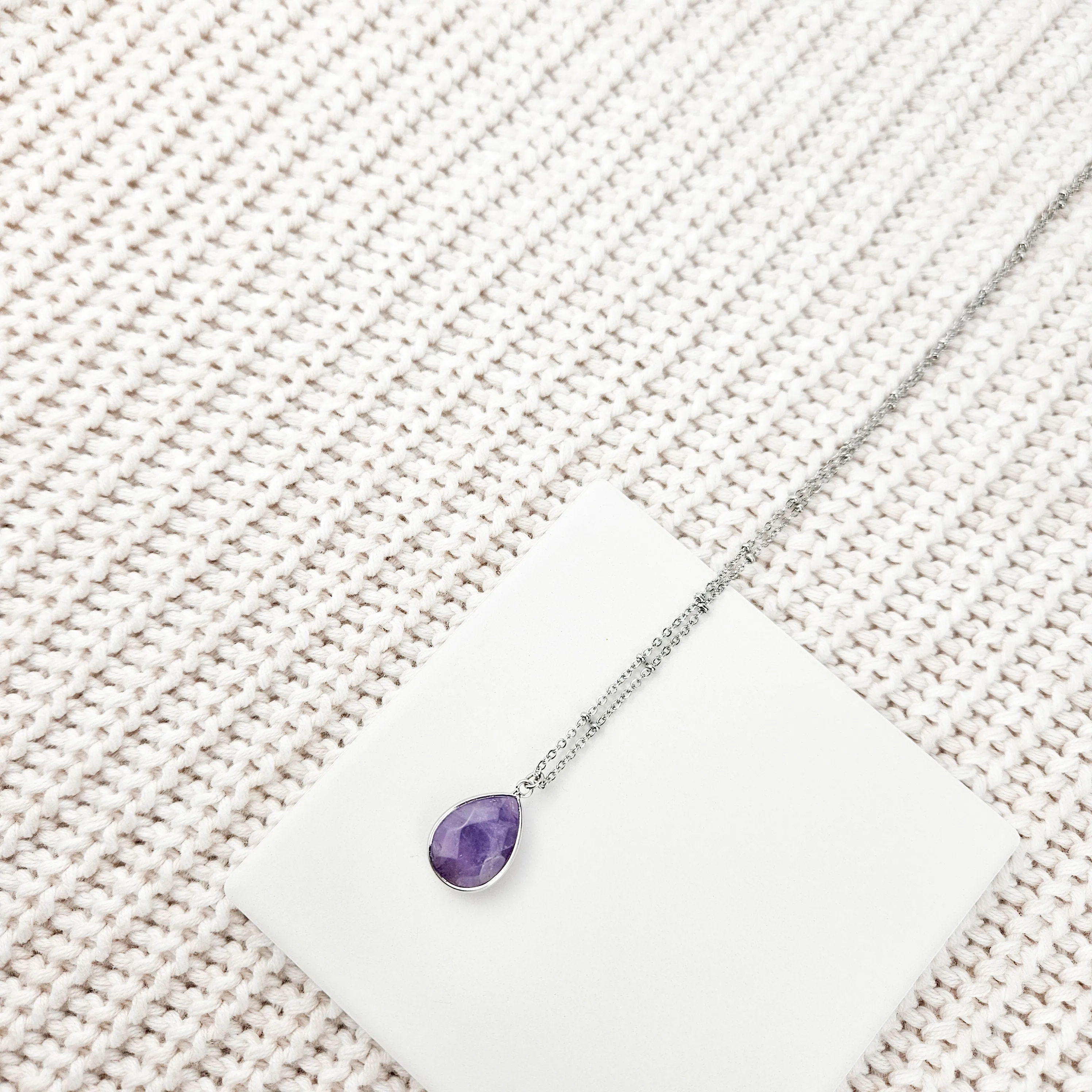 Teardrop Amethyst Crystal Silver Necklace