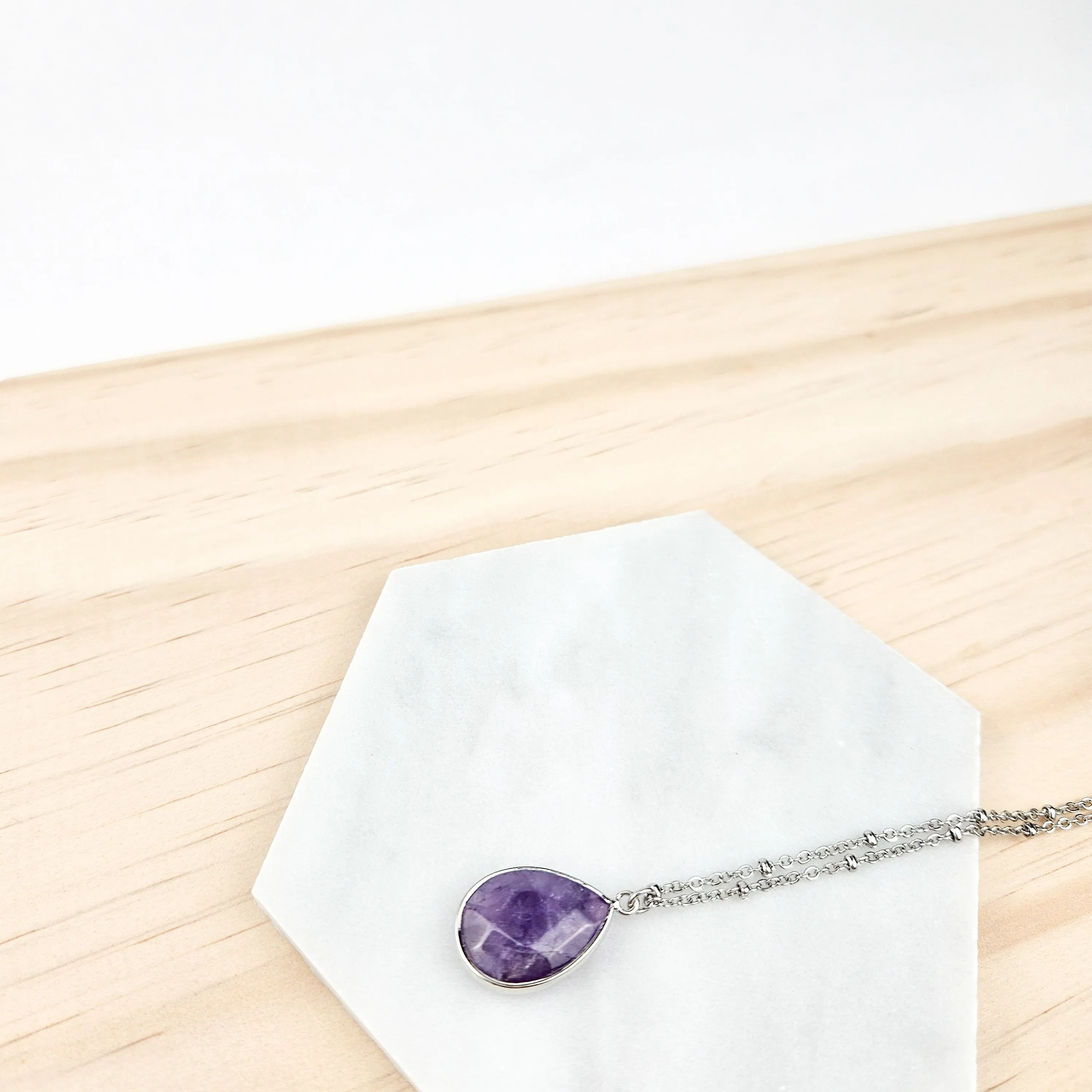 Teardrop Amethyst Crystal Silver Necklace