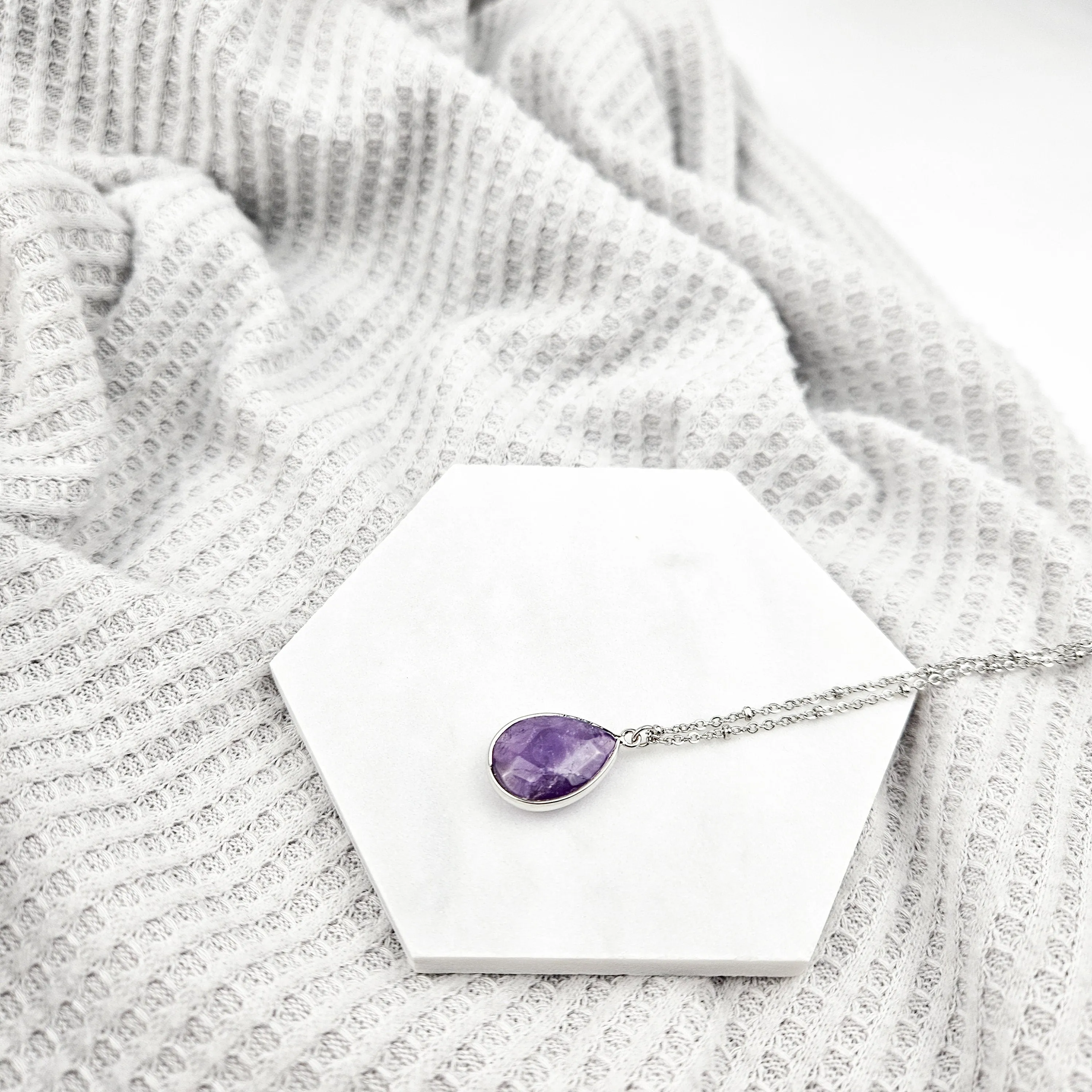 Teardrop Amethyst Crystal Silver Necklace