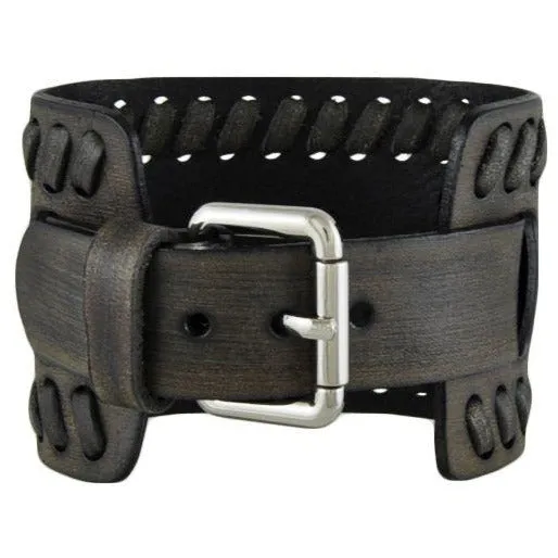 Teardrop Black Watch with Weaved Distressed Brown Leather Wide Cuff