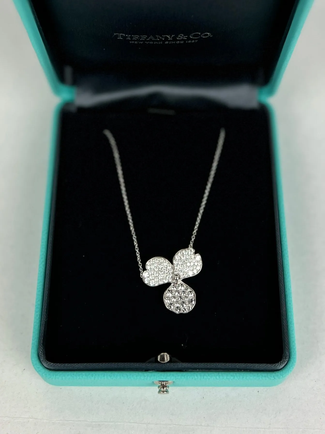 Tiffany & Co. Platinum Diamond Large Paper Flowers Pave Pendant Necklace, New in Box