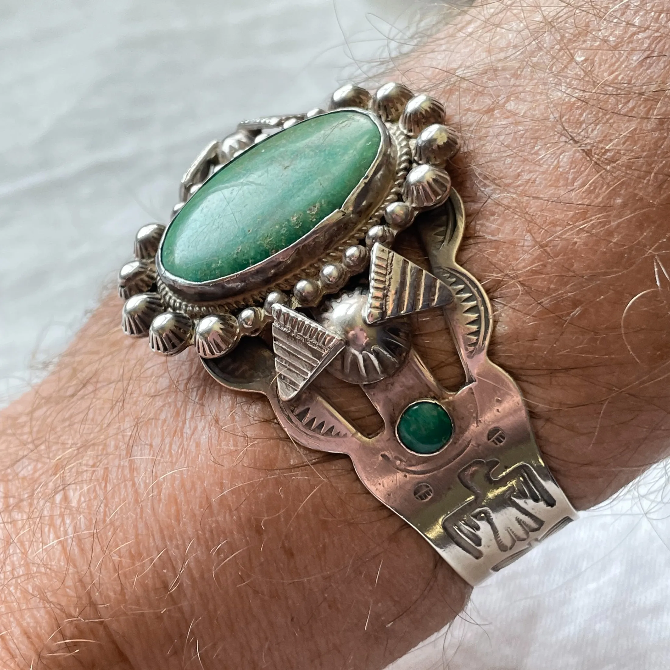 Vintage 30s/40s Sterling Silver Green Turquoise Bracelet, Thunderbird Stamped Fred Harvey Era Cuff