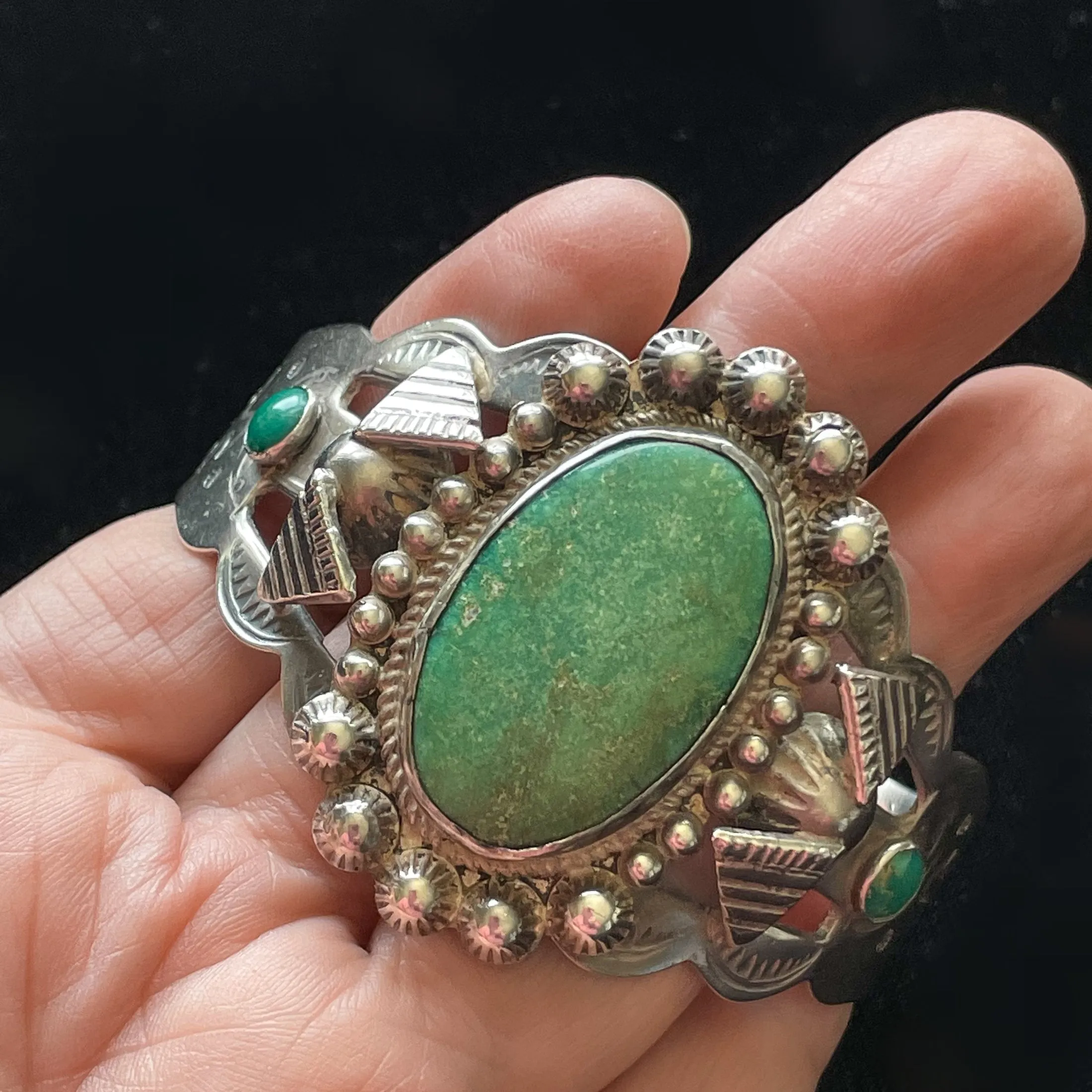 Vintage 30s/40s Sterling Silver Green Turquoise Bracelet, Thunderbird Stamped Fred Harvey Era Cuff