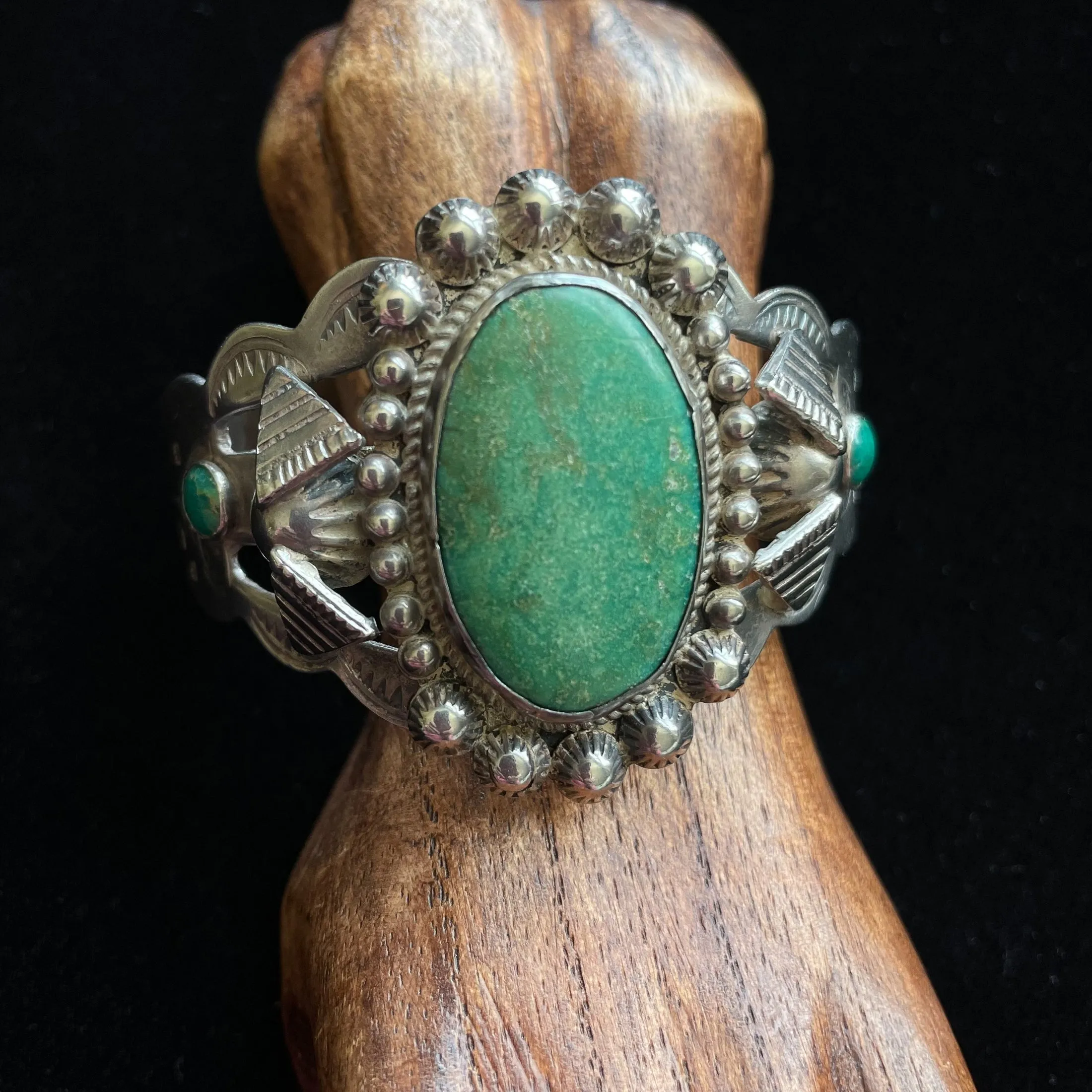 Vintage 30s/40s Sterling Silver Green Turquoise Bracelet, Thunderbird Stamped Fred Harvey Era Cuff