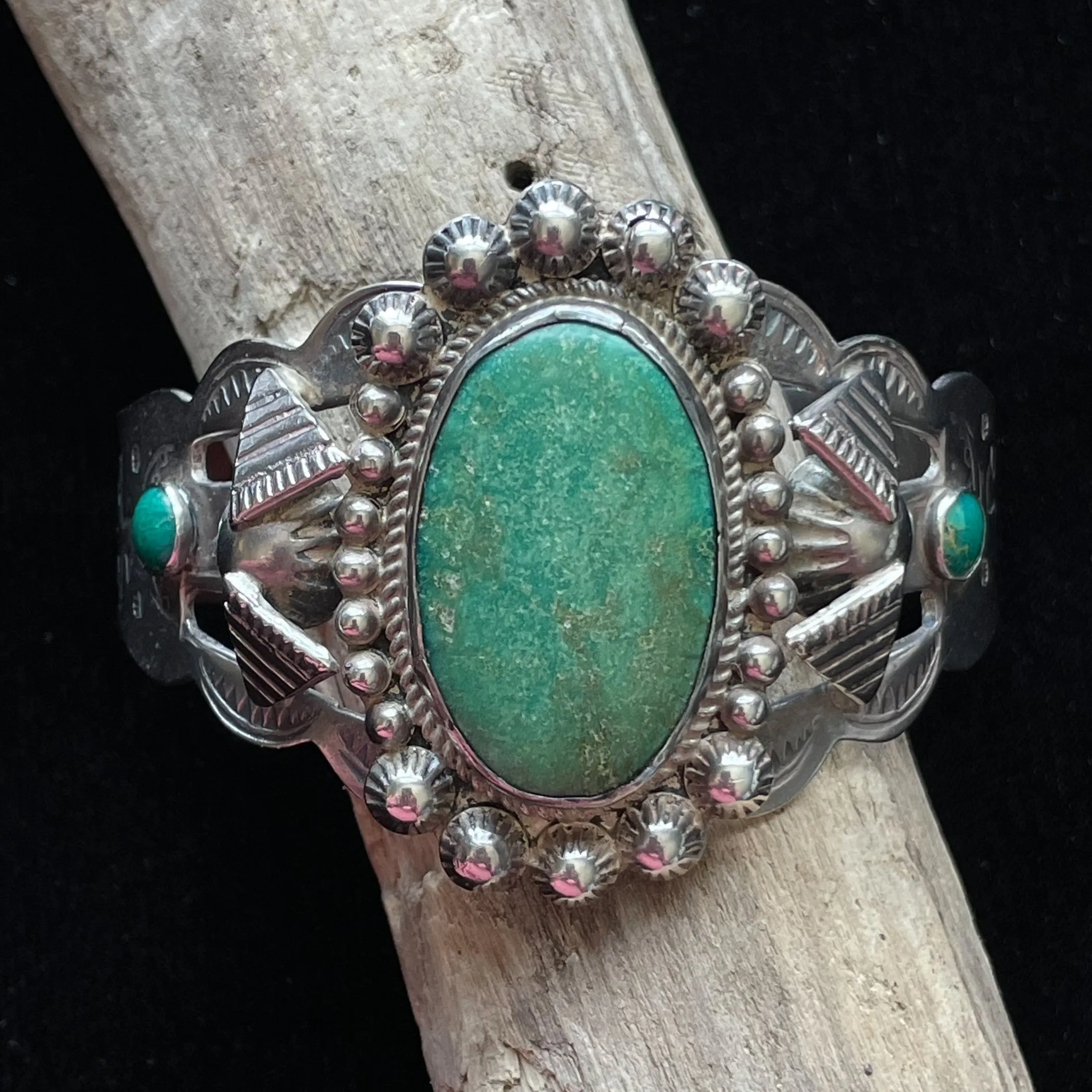 Vintage 30s/40s Sterling Silver Green Turquoise Bracelet, Thunderbird Stamped Fred Harvey Era Cuff