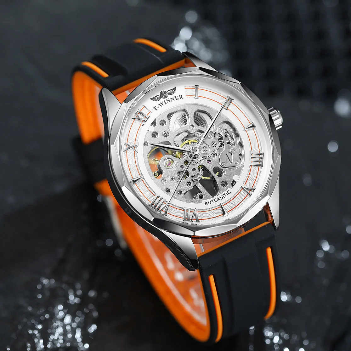 WINNER Sports Irregular Mechanical Watch for Men Casual Rubber Strap Fashion Hand Winding Watches