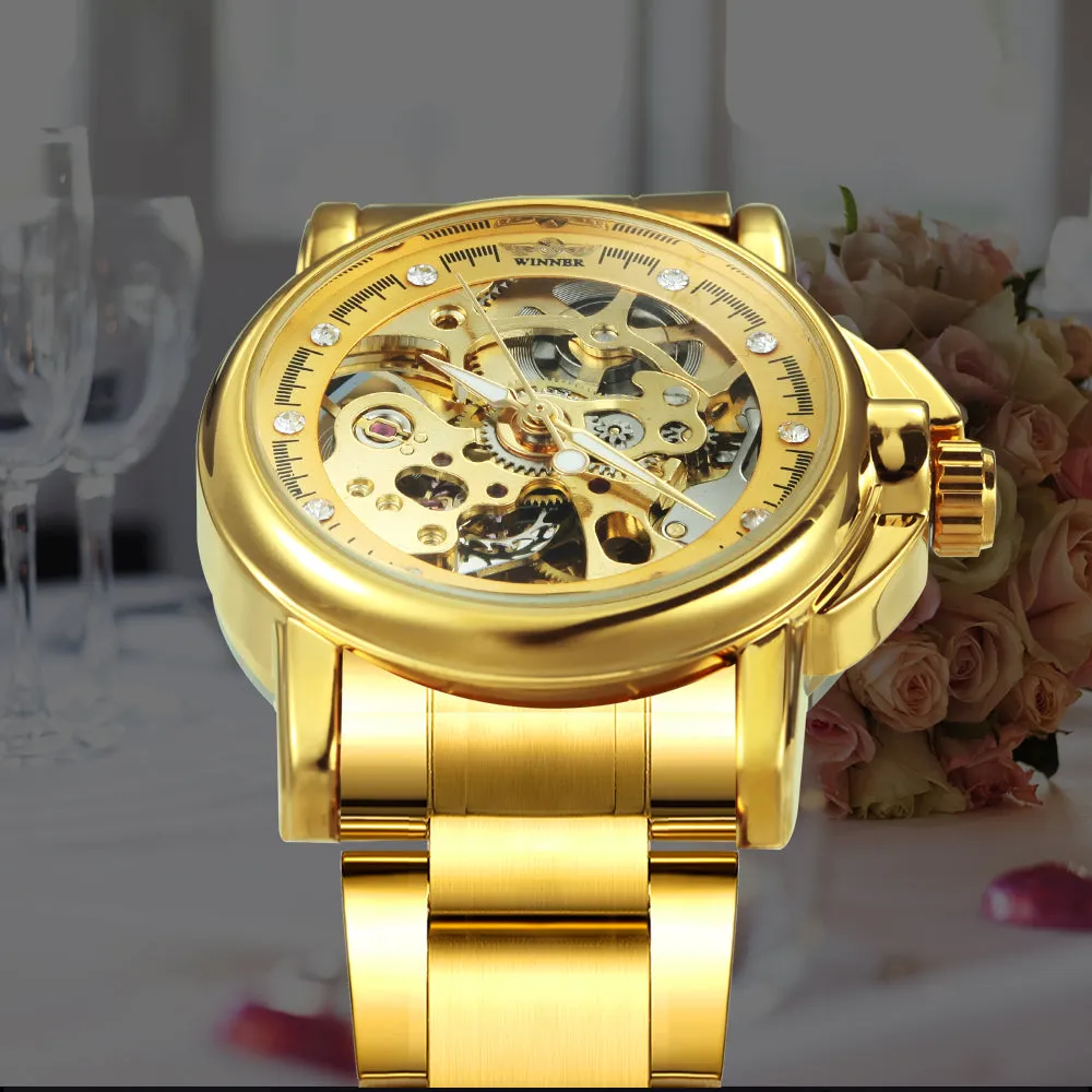 WINNER Women Watch Hollow Automatic Mechanical Diamond Watch Gold Stainless Steel Strap