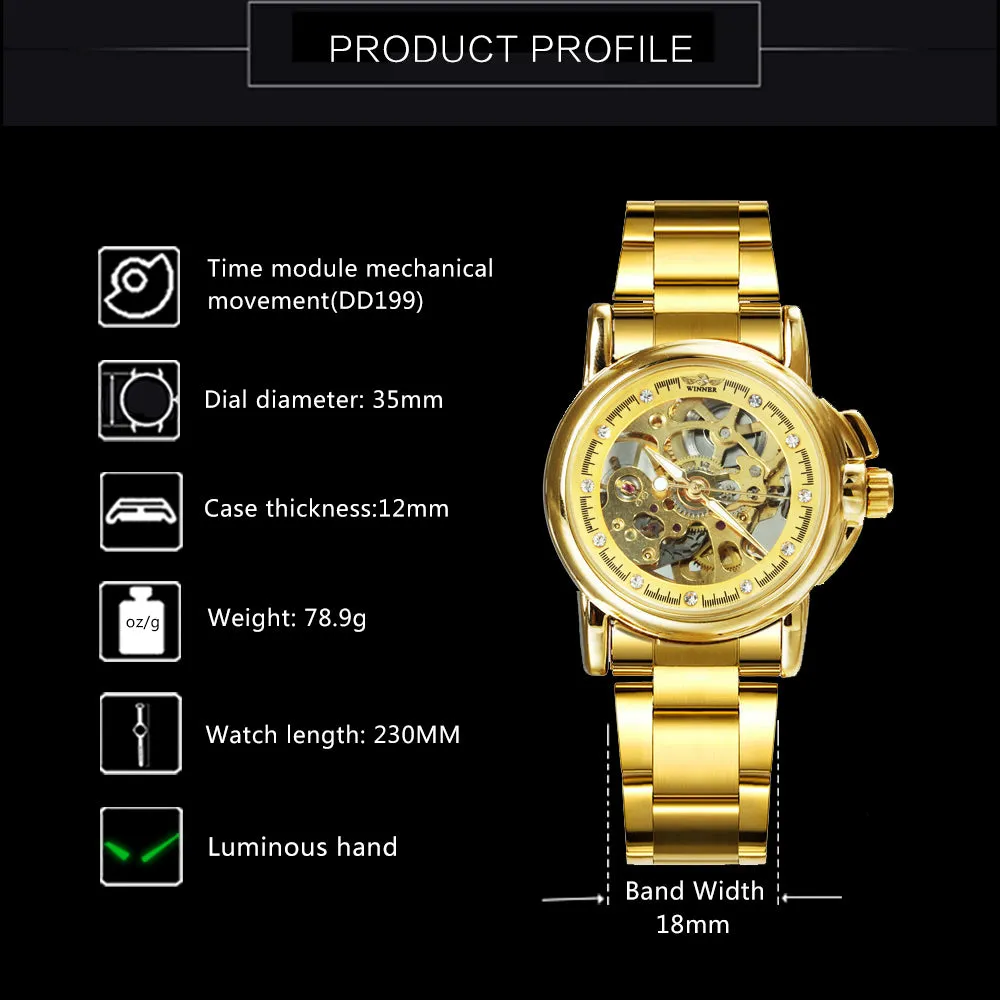 WINNER Women Watch Hollow Automatic Mechanical Diamond Watch Gold Stainless Steel Strap