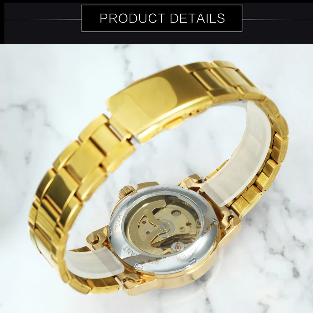 WINNER Women Watch Hollow Automatic Mechanical Diamond Watch Gold Stainless Steel Strap