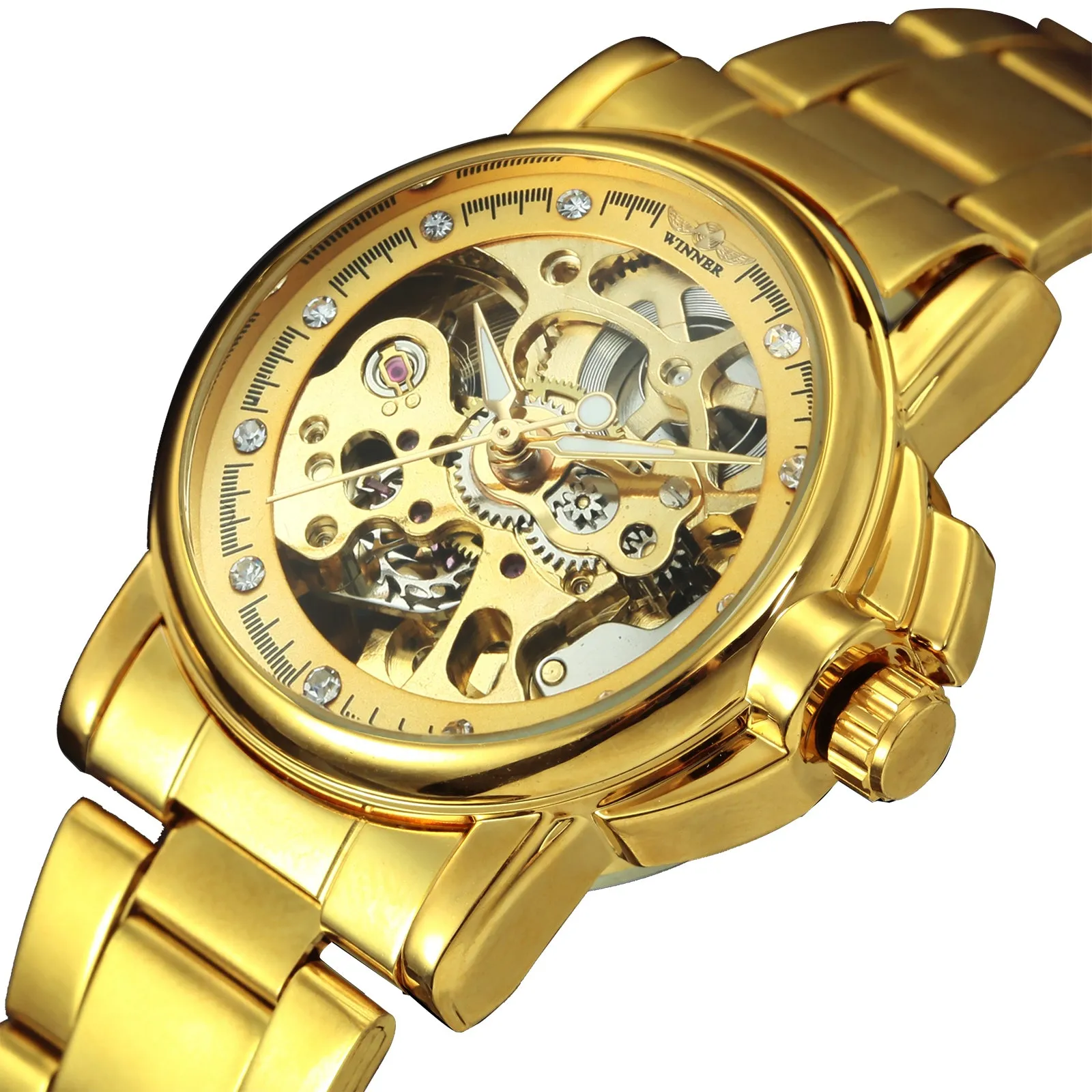 WINNER Women Watch Hollow Automatic Mechanical Diamond Watch Gold Stainless Steel Strap